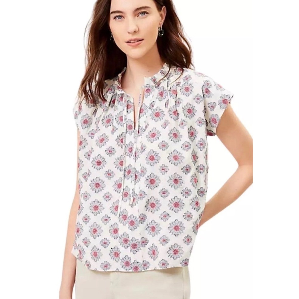 LOFT Womens XLβ White Blue Floral Clip Dot Ruffle Neck Cap Sleeve Blouse
